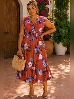 NWT! Time & Tru Rust Floral Midi Dress Plus Size XXL 20 Orange Blue Flower